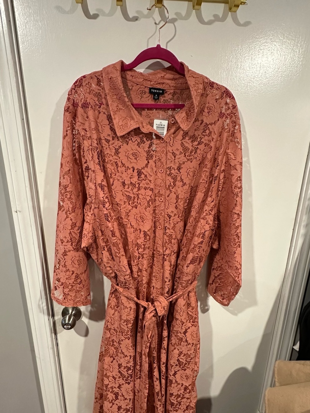 Torrid Blush Lace Collared Button-Up Shirt Dress with Tie Waist